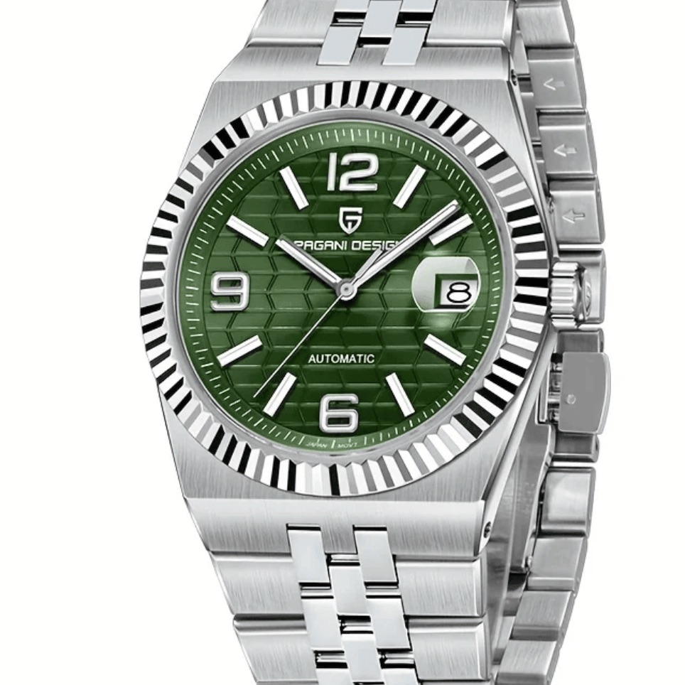 Pagani Design Silver Bracelet With Green Dial Automatic Mens Watch